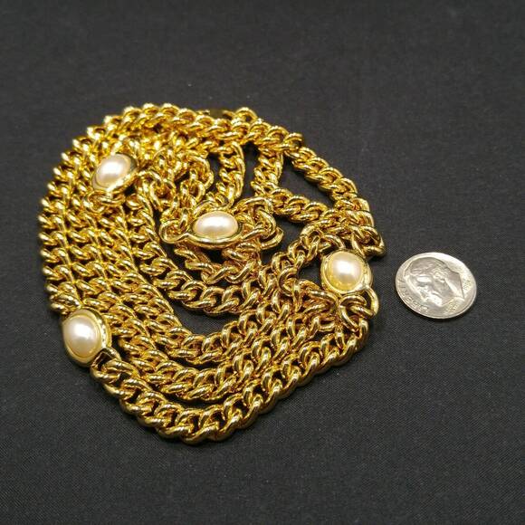 Vintage Long Gold Plated Chain Necklace, 4 Pearled Reversible Cabochons, 36 Inch - Picture 6 of 9